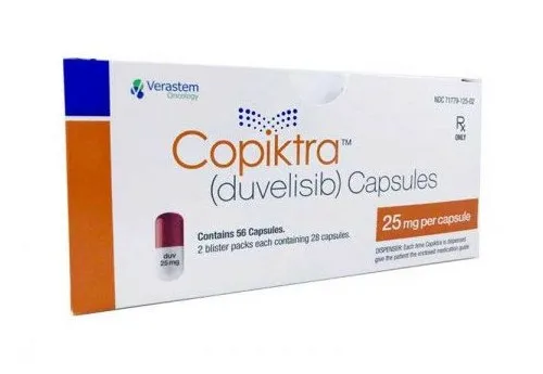 Duvelisib A box of Verastem Oncology Copiktra (duvelisib) 25 mg capsules, containing 56 capsules in 2 blister packs.