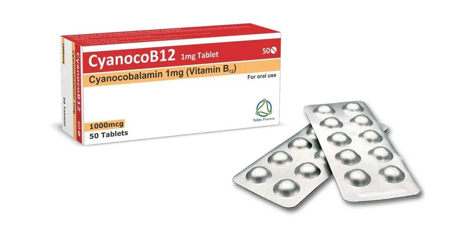 A box and two blister packs of CyanocoB12 1mg Tablets (Cyanocobalamin 1mg Vitamin B12) by TriOn Pharma, containing 50 tablets for oral use.