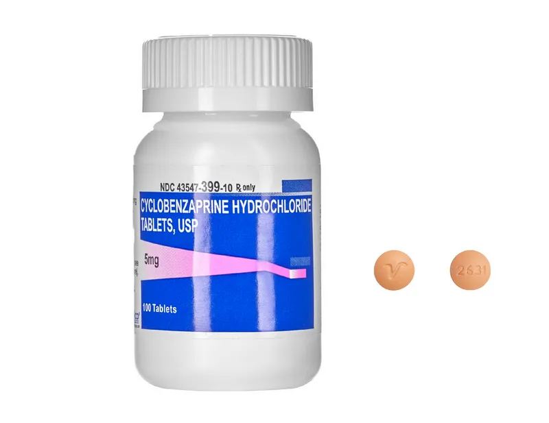 Cyclobenzaprine A bottle of Cyclobenzaprine Hydrochloride Tablets, USP 5 mg, containing 100 tablets, with two individual peach-colored tablets.
