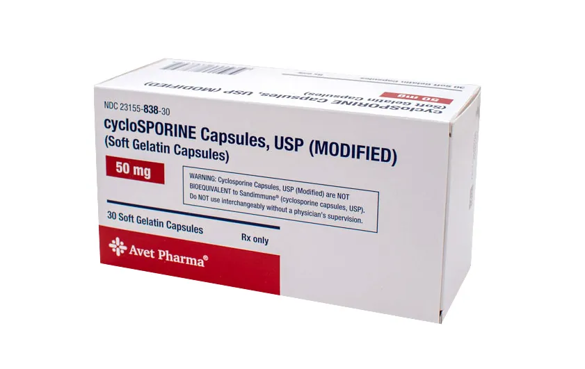 A box of Avet Pharma cyclosporine Capsules, USP (MODIFIED) 50 mg soft gelatin capsules, with a warning about bioequivalence to Sandimmune.