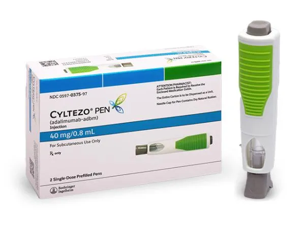 A box containing two Cyltezo (adalimumab-adbm) 40 mg/0.8 mL single-dose prefilled injection pens, manufactured by Boehringer Ingelheim, used for subcutaneous administration as a biosimilar biologic medication.