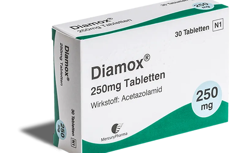 Acetazolamide A box of Diamox (Acetazolamide) 250 mg tablets by Mercury Pharma, featuring German labeling ("Tabletten" and "Wirkstoff: Acetazolamid"), commonly used as a diuretic and for glaucoma.