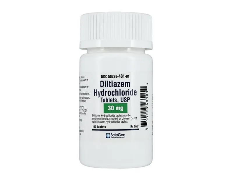 Diltiazem A white bottle of ScieGen Diltiazem Hydrochloride Tablets, USP 30 mg, containing 100 tablets, with instructions not to split or chew.