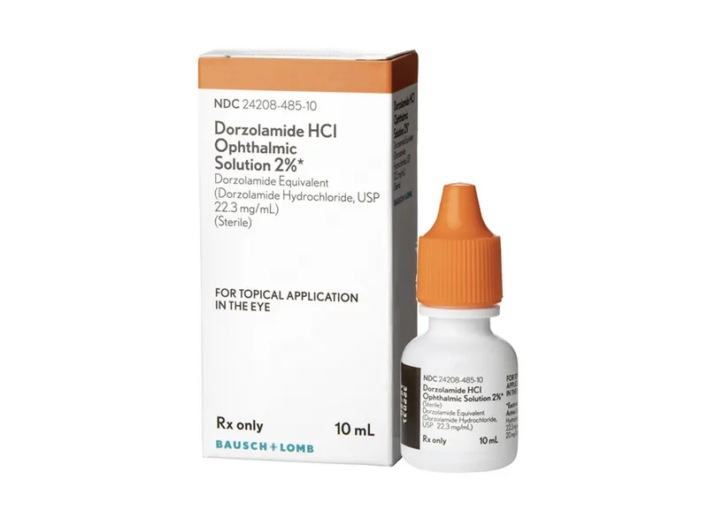 Dorzolamide A box and bottle of Bausch + Lomb Dorzolamide HCl Ophthalmic Solution 2%, 10 mL, for topical application in the eye.