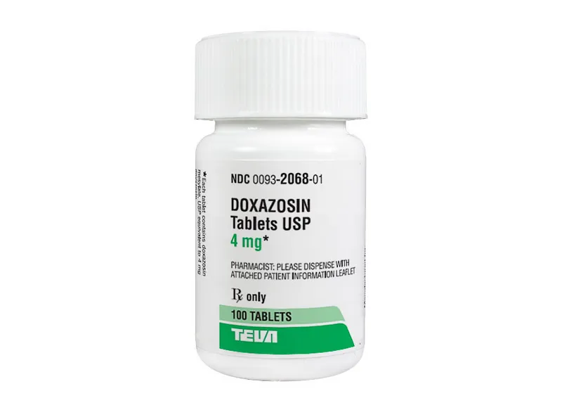 Doxazosin A white bottle of Teva Doxazosin Tablets USP 4 mg, containing 100 tablets, with "Rx only" printed on the label.