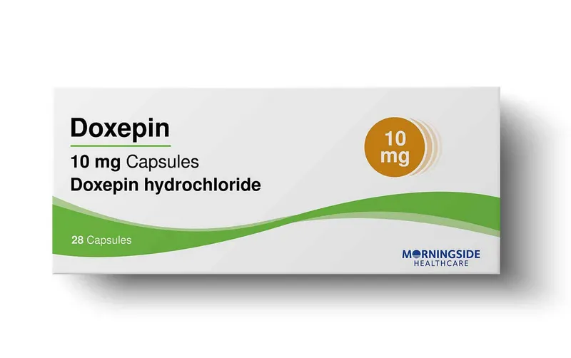 Doxepin A box of Morningside Healthcare Doxepin 10 mg Capsules, Doxepin hydrochloride, containing 28 capsules.