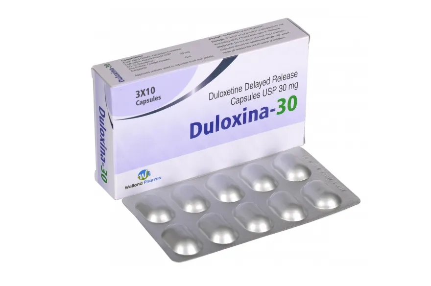 Duloxetine A box and blister pack of Wellona Pharma Duloxina-30 Duloxetine Delayed Release Capsules USP 30 mg, containing 3x10 capsules.