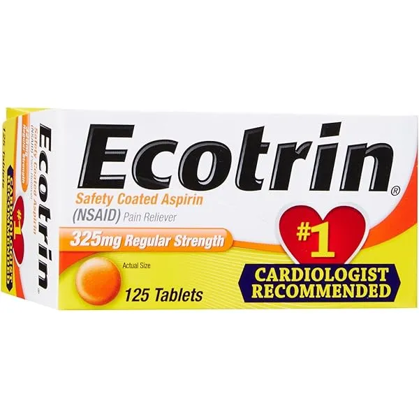 Aspirin A box of Ecotrin Safety Coated Aspirin (NSAID) 325 mg Regular Strength tablets, containing 125 tablets, prominently marked as "Cardiologist Recommended" for pain relief and cardiovascular health.