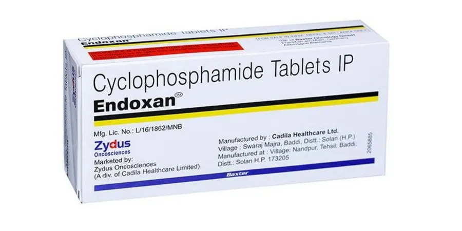 A box of Endoxan (Cyclophosphamide Tablets IP) manufactured by Cadila Healthcare Ltd. and marketed by Zydus Oncosciences.