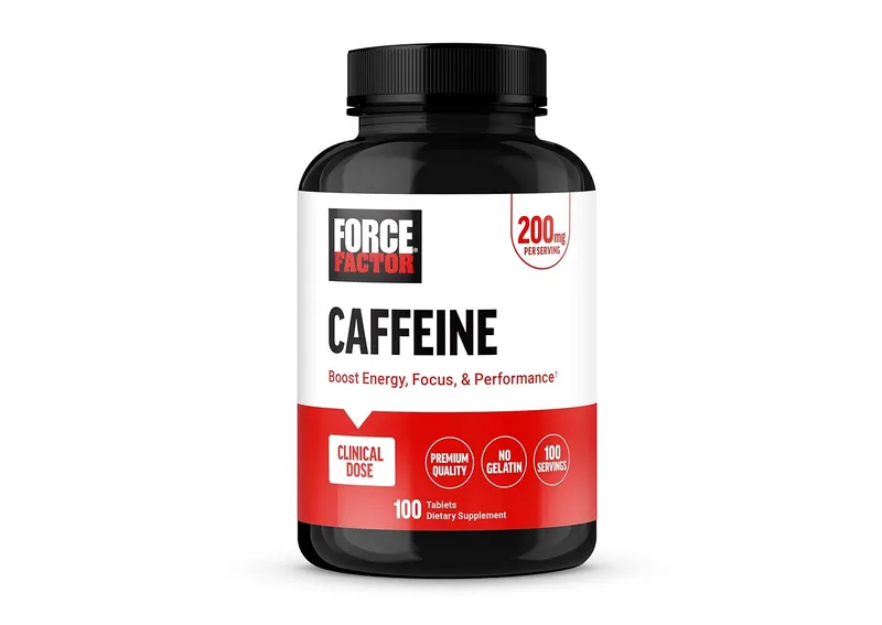 A black bottle of Force Factor Caffeine 200 mg dietary supplement, containing 100 tablets, for energy, focus, and performance.