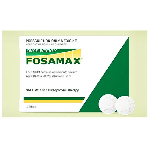 Alendronate A box of Fosamax tablets for once-weekly osteoporosis therapy, showing the packaging with "ONCE WEEKLY FOSAMAX" prominently displayed, along with two white, round tablets containing 70 mg alendronic acid.