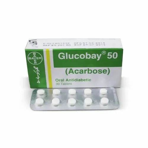 Acarbose A box of Glucobay 50 (Acarbose) oral antidiabetic tablets by Bayer, showing a blister pack with ten white tablets, used for managing blood sugar levels.