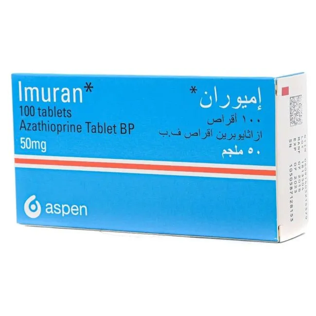 Azathioprine A box of Imuran (Azathioprine) 50 mg tablets by Aspen, showing both English and Arabic text, indicating a quantity of 100 tablets, used as an immunosuppressant medication.