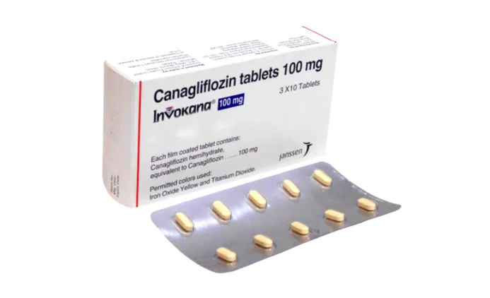 Canagliflozin A box and blister pack of Janssen Invokana (Canagliflozin) 100 mg film-coated tablets, used for diabetes.