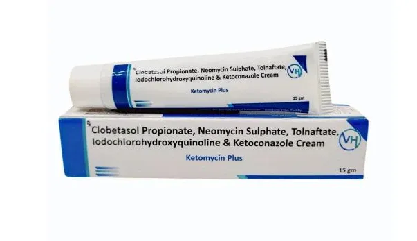 Clobetasol A tube and box of Ketomycin Plus Cream, containing Clobetasol Propionate, Neomycin Sulphate, Tolnaftate, Iodochlorohydroxyquinoline & Ketoconazole, 15 gm, for external use.