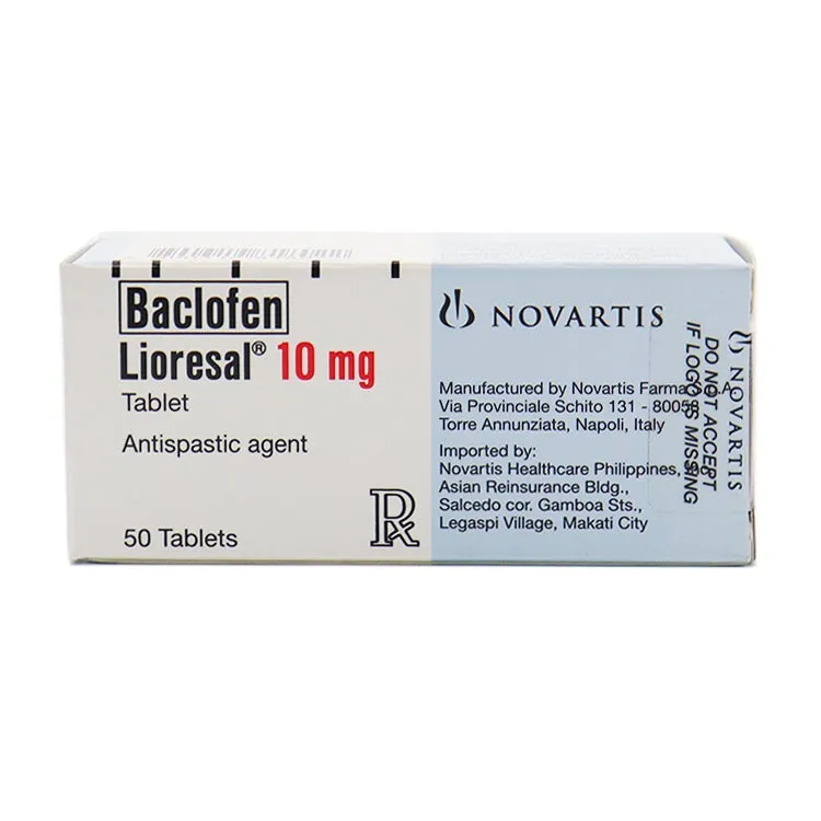 Baclofen A box of Novartis Lioresal (Baclofen) 10 mg tablets, an antispastic agent, containing 50 tablets.