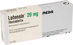 A box of Lotensin 20 mg film-coated tablets, containing benazepril hydrochloride by MEDA, with Hungarian labeling, used for treating high blood pressure.