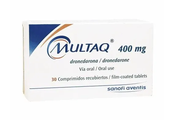 Dronedarone A box of Sanofi Aventis Multaq (dronedarone) 400 mg film-coated tablets, containing 30 tablets for oral use.