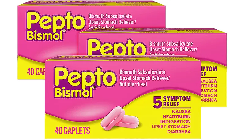 Bismuth Subsalicylate Three pink boxes of Pepto Bismol Bismuth Subsalicylate 40 caplets, an upset stomach reliever and antidiarrheal medication for 5-symptom relief including nausea, heartburn, indigestion, upset stomach, and diarrhea.
