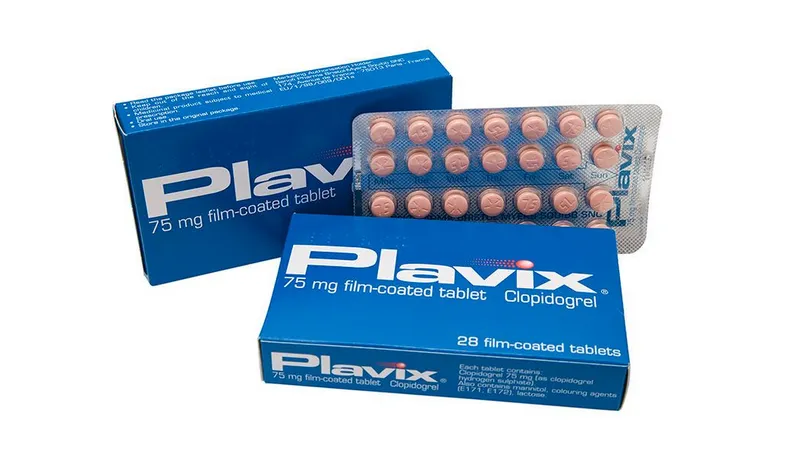 A box and blister pack of Plavix (clopidogrel) 75 mg film-coated tablets, an antiplatelet medication.