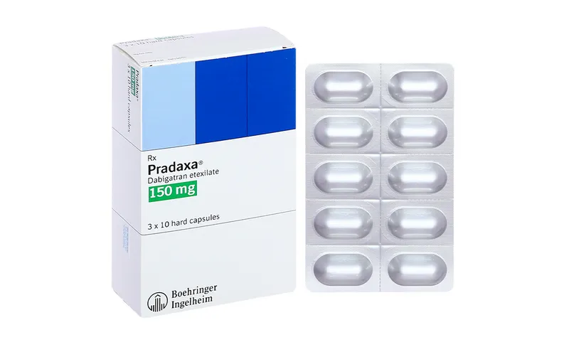 Dabigatran A box and blister pack of Boehringer Ingelheim Pradaxa Dabigatran etexilate 150 mg hard capsules, containing 3x10 capsules.