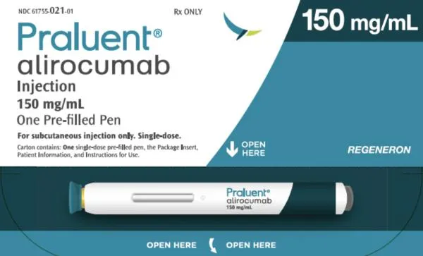 Alirocumab Packaging for Praluent (alirocumab) 150 mg/mL injection, featuring a pre-filled pen for subcutaneous use, an injectable prescription medicine used to reduce LDL cholesterol.