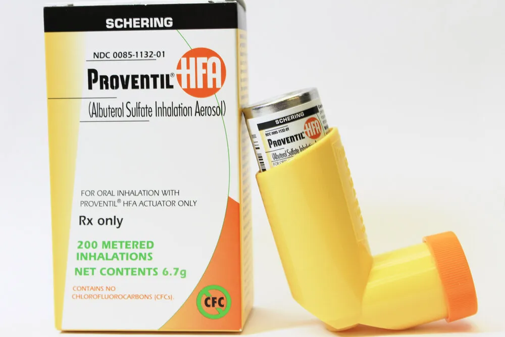 Albuterol A box and inhaler of Schering's Proventil HFA (Albuterol Sulfate Inhalation Aerosol), providing 200 metered inhalations, a prescription-only bronchodilator for asthma and COPD.