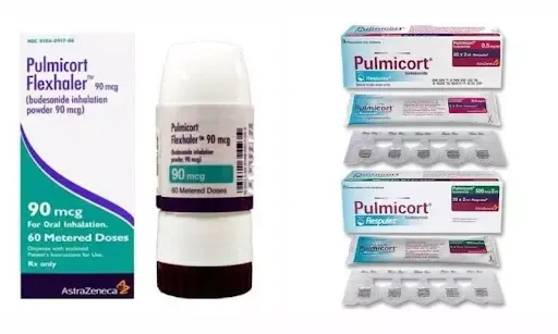 Budesonide A Pulmicort Flexhaler 90 mcg (budesonide inhalation powder) and a box of Pulmicort Respules (budesonide inhalation suspension), 0.5 mg/2 mL by AstraZeneca, for asthma.