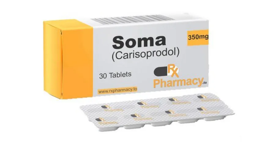 Carisoprodol A box of Soma (Carisoprodol) 350 mg tablets, containing 30 tablets, with a blister pack of tablets in front.