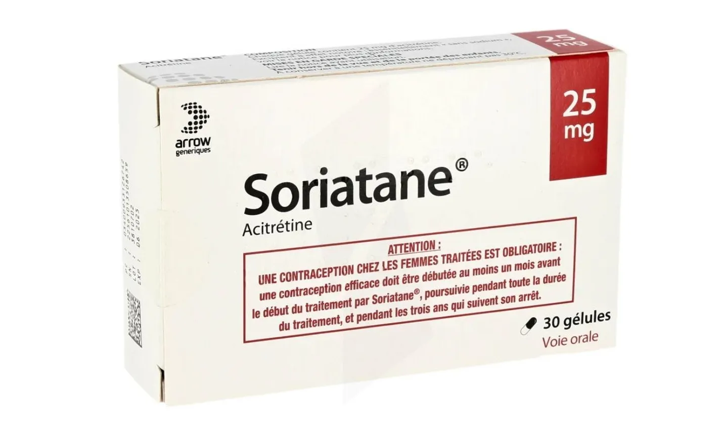 Acitretin A box of Soriatane (Acitretin) 25 mg capsules by Arrow Génériques, showing French labeling with a prominent warning about mandatory contraception for women, used to treat severe psoriasis.