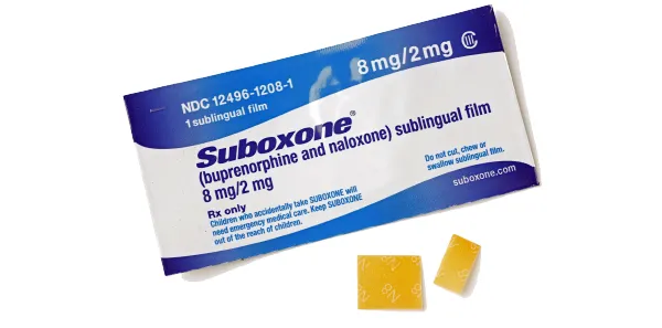 Buprenorphine A packet of Suboxone (buprenorphine and naloxone) 8 mg/2 mg sublingual film with two yellow films, used for treating opioid dependence.