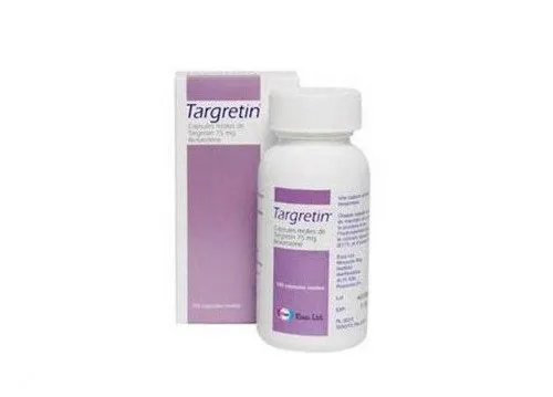 A bottle and box of Targretin (bexarotene) 75 mg capsules, containing 100 capsules, used in cancer treatment.