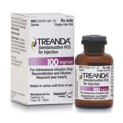 Bendamustine A box and single-use vial of Treanda (bendamustine HCl) for Injection 100 mg/vial by Cephalon Oncology, used for intravenous infusion in cancer treatment.