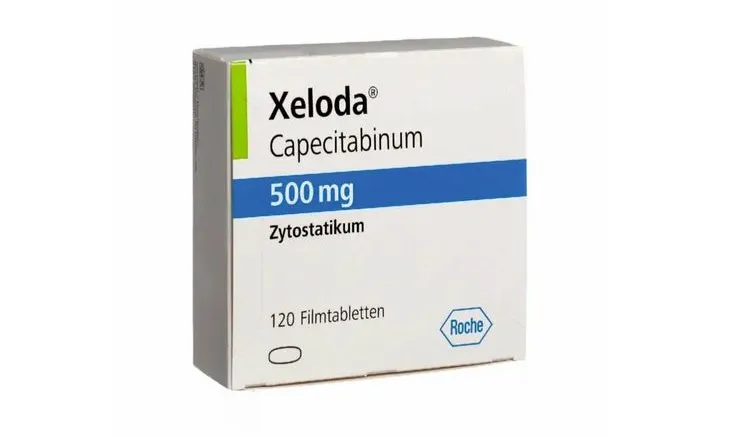 A box of Roche Xeloda (Capecitabinum) 500 mg film-coated tablets, a cytostatic drug used in chemotherapy.