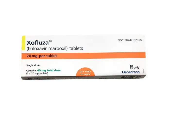 Baloxavir Marboxil A box of Genentech's Xofluza (baloxavir marboxil) 20 mg tablets, a single-dose antiviral medication for influenza.
