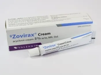 Acyclovir A tube and box of Zovirax (acyclovir cream 5% w/w) by Valeant, for external use, commonly prescribed for the treatment of cold sores and genital herpes.