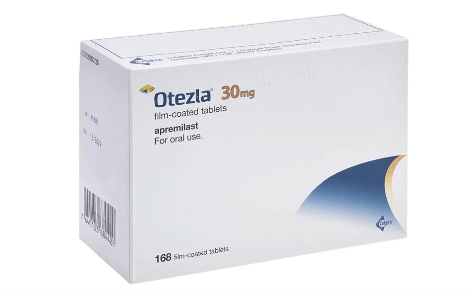 Apremilast Box of Otezla 30mg film-coated tablets containing apremilast for oral use
