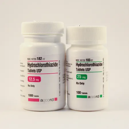 Hydrochlorothiazide Two bottles of Accord Hydrochlorothiazide Tablets USP, in 12.5 mg and 25 mg strengths.