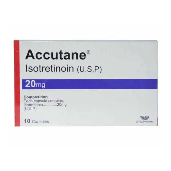 A box of Accutane (Isotretinoin U.S.P) 20 mg capsules from Whiz Pharma.