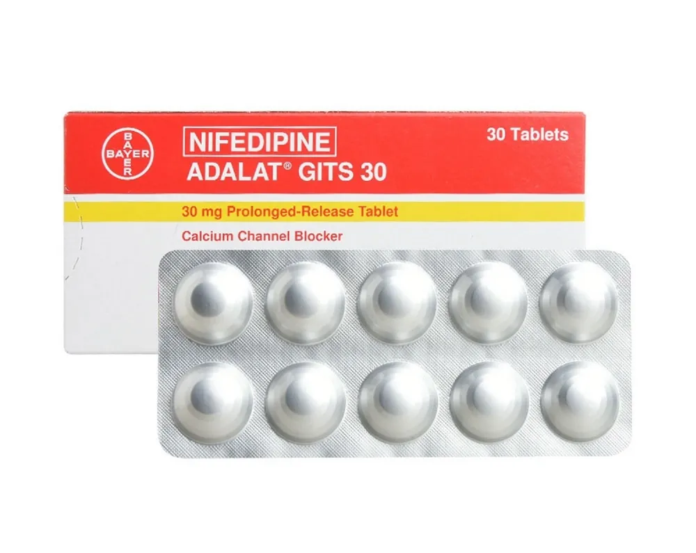 Nifedipine A box of Bayer Adalat GITS 30 (Nifedipine) 30 mg prolonged-release tablets, a calcium channel blocker.