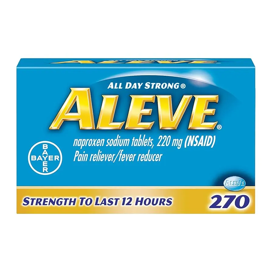 Naproxen A box of Bayer Aleve, containing naproxen sodium tablets 220 mg, an NSAID for pain and fever relief with 12-hour strength.