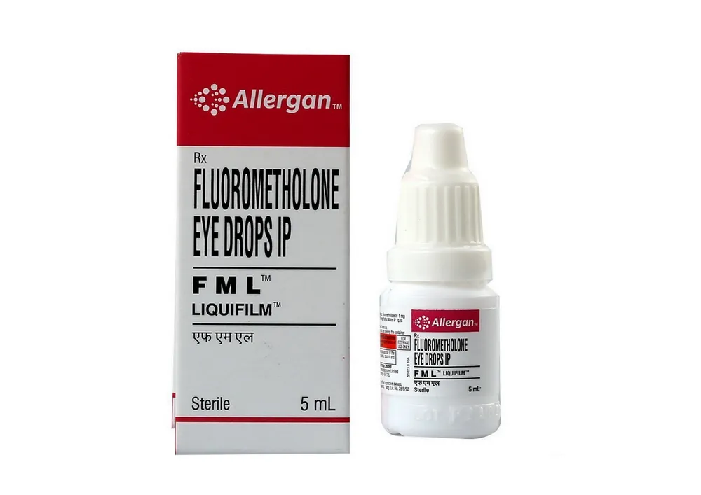 A box and bottle of Allergan Fluorometholone Eye Drops IP, FML Liquifilm, 5 mL, for sterile use.