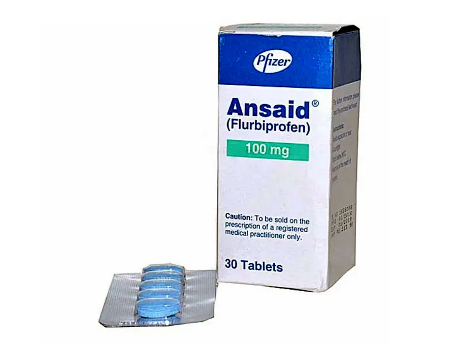 Flurbiprofen A box and blister pack of Pfizer Ansaid (Flurbiprofen) 100 mg tablets, a prescription-only medicine with 30 tablets.