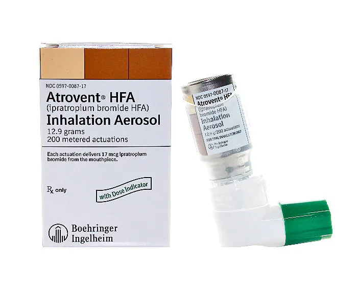 A box and an inhaler of Atrovent HFA (ipratropium bromide HFA) inhalation aerosol, delivering 17 mcg per actuation.