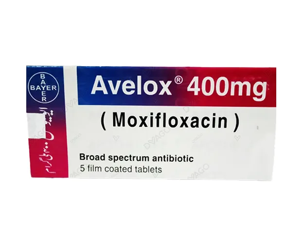 A box of Bayer Avelox 400mg, a broad-spectrum antibiotic containing moxifloxacin.