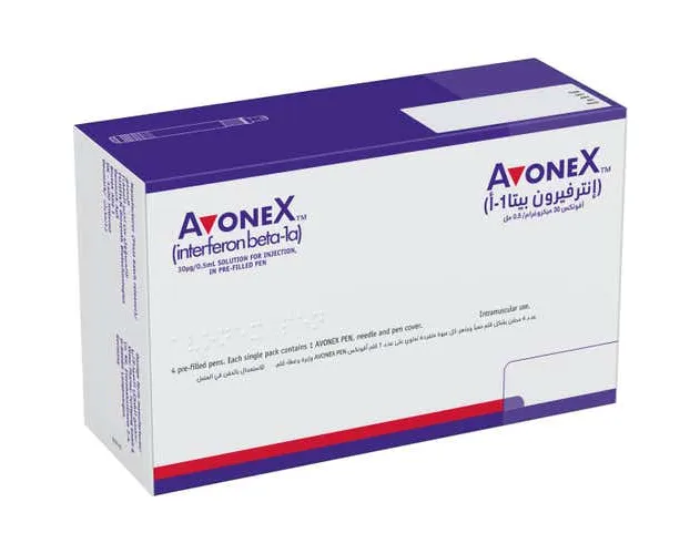 A box of Avonex (interferon beta-1a) pre-filled pens for injection, 30mcg/0.5mL.