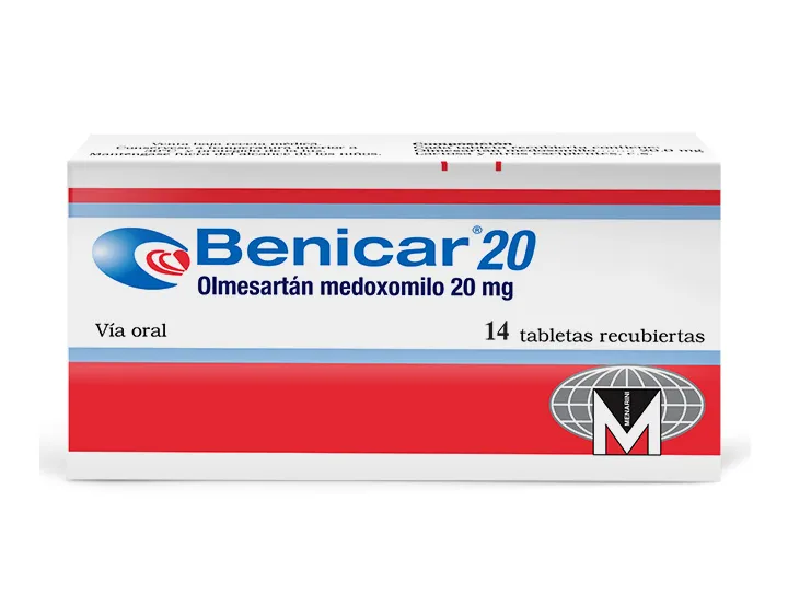 A box of Menarini Benicar 20 (olmesartan medoxomil) 20 mg tablets, containing 14 film-coated tablets.