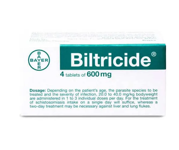 Praziquantel A box of Bayer Biltricide, containing 4 tablets of 600 mg of Praziquantel.