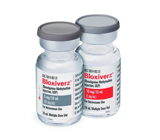 Neostigmine Two vials of Bloxiverz (Neostigmine Methylsulfate Injection, USP), one with 5 mg/10 mL and the other with 10 mg/10 mL.