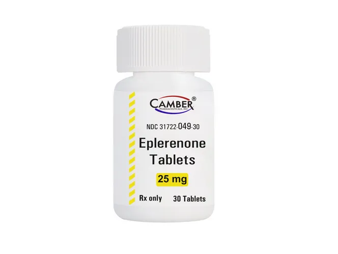Eplerenone A bottle of Camber Pharmaceuticals Eplerenone Tablets 25 mg, containing 30 tablets.